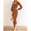 image:imageZESICA Womens Fall Slit Knit Long Sleeve Bodycon Sweater DressCoffee