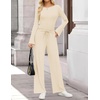 image:imageZESICA Womens Long Sleeve Boat Neck Wide Leg Pants 2 Piece SetsApricot