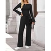 image:imageZESICA Womens Long Sleeve Boat Neck Wide Leg Pants 2 Piece SetsBlack