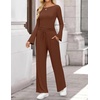 image:imageZESICA Womens Long Sleeve Boat Neck Wide Leg Pants 2 Piece SetsCaramel
