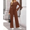 image:imageZESICA Womens Long Sleeve Boat Neck Wide Leg Pants 2 Piece SetsCaramel