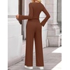 image:imageZESICA Womens Long Sleeve Boat Neck Wide Leg Pants 2 Piece SetsCaramel