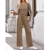image:imageZESICA Womens Long Sleeve Boat Neck Wide Leg Pants 2 Piece SetsKhaki