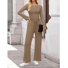 image:imageZESICA Womens Long Sleeve Boat Neck Wide Leg Pants 2 Piece SetsKhaki