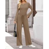 image:imageZESICA Womens Long Sleeve Boat Neck Wide Leg Pants 2 Piece SetsKhaki