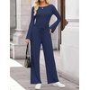 image:imageZESICA Womens Long Sleeve Boat Neck Wide Leg Pants 2 Piece SetsNavy