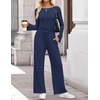 image:imageZESICA Womens Long Sleeve Boat Neck Wide Leg Pants 2 Piece SetsNavy