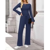 image:imageZESICA Womens Long Sleeve Boat Neck Wide Leg Pants 2 Piece SetsNavy