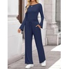 image:imageZESICA Womens Long Sleeve Boat Neck Wide Leg Pants 2 Piece SetsNavy