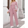 image:imageZESICA Womens Long Sleeve Boat Neck Wide Leg Pants 2 Piece SetsPink