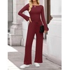 image:imageZESICA Womens Long Sleeve Boat Neck Wide Leg Pants 2 Piece SetsWine