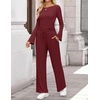 image:imageZESICA Womens Long Sleeve Boat Neck Wide Leg Pants 2 Piece SetsWine