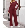 image:imageZESICA Womens Long Sleeve Boat Neck Wide Leg Pants 2 Piece SetsWine