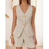 image:imageZESICA Womens Summer Casual 2 Piece Short Sets 2026 Button Suit Vest Tops Shorts Dressy Business Work OutfitsApricot