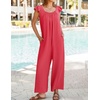 image:imageZESICA Womens Summer Loose Jumpsuit Casual V Neck Sleeveless Oversized Wide Leg Pant Overalls Romper with PocketsWatermelon Red
