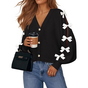 image:imageZESICA Fall Bow Cardigans for Women Trendy 2026 Casual Long Sleeve Button V Neck Knit Sweater Outerwear CoatsBlack