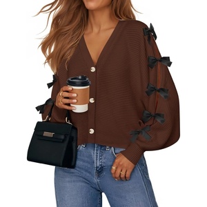 image:imageZESICA Fall Bow Cardigans for Women Trendy 2026 Casual Long Sleeve Button V Neck Knit Sweater Outerwear CoatsBrown