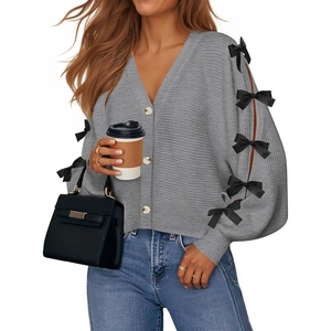 image:imageZESICA Fall Bow Cardigans for Women Trendy 2026 Casual Long Sleeve Button V Neck Knit Sweater Outerwear CoatsGray