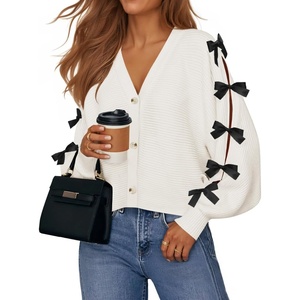image:imageZESICA Fall Bow Cardigans for Women Trendy 2026 Casual Long Sleeve Button V Neck Knit Sweater Outerwear CoatsWhite