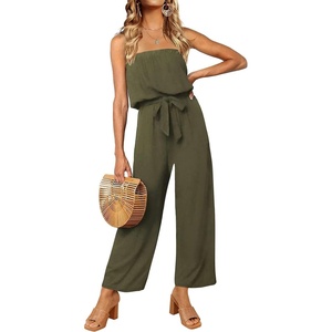 image:imageZESICA Women Casual Off Shoulder Strapless Belted Wide Leg Jumpsuit RomperArmy Green