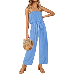 image:imageZESICA Women Casual Off Shoulder Strapless Belted Wide Leg Jumpsuit RomperBlue