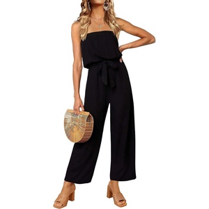image:imageZESICA Women Casual Off Shoulder Strapless Belted Wide Leg Jumpsuit RomperDarkblack