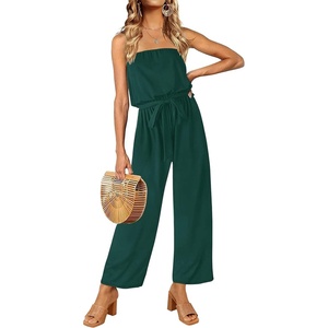 image:imageZESICA Women Casual Off Shoulder Strapless Belted Wide Leg Jumpsuit RomperDarkgreen