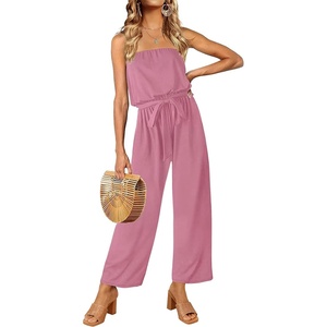 image:imageZESICA Women Casual Off Shoulder Strapless Belted Wide Leg Jumpsuit RomperDustypink