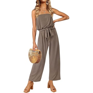 image:imageZESICA Women Casual Off Shoulder Strapless Belted Wide Leg Jumpsuit RomperMocha