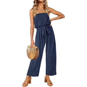 image:imageZESICA Women Casual Off Shoulder Strapless Belted Wide Leg Jumpsuit RomperNavyblue