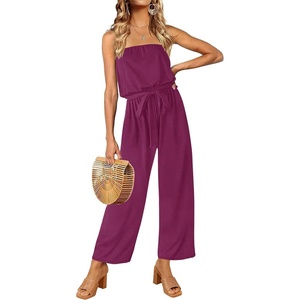 image:imageZESICA Women Casual Off Shoulder Strapless Belted Wide Leg Jumpsuit RomperPlum