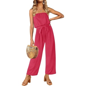 image:imageZESICA Women Casual Off Shoulder Strapless Belted Wide Leg Jumpsuit RomperTeaberry
