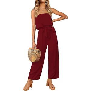 image:imageZESICA Women Casual Off Shoulder Strapless Belted Wide Leg Jumpsuit RomperWine