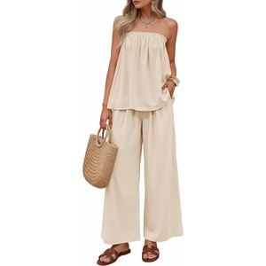image:imageZESICA Womens 2 Piece Sets Casual Strapless Tube Top Wide Leg Pants OutfitsApricot