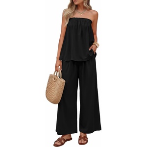 image:imageZESICA Womens 2 Piece Sets Casual Strapless Tube Top Wide Leg Pants OutfitsBlack