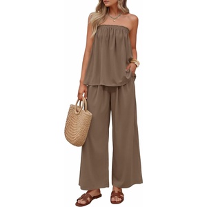 image:imageZESICA Womens 2 Piece Sets Casual Strapless Tube Top Wide Leg Pants OutfitsKhaki