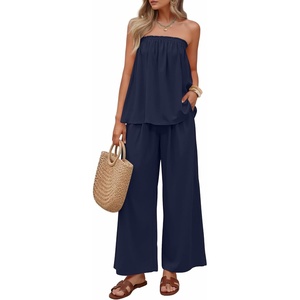 image:imageZESICA Womens 2 Piece Sets Casual Strapless Tube Top Wide Leg Pants OutfitsNavy
