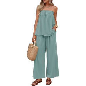image:imageZESICA Womens 2 Piece Sets Casual Strapless Tube Top Wide Leg Pants OutfitsSage