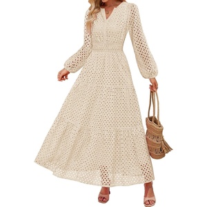 image:imageZESICA Womens 2026 Fall Long Sleeve Eyelet Maxi DressApricot