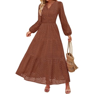 image:imageZESICA Womens 2026 Fall Long Sleeve Eyelet Maxi DressBrown