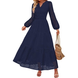image:imageZESICA Womens 2026 Fall Long Sleeve Eyelet Maxi DressNavy