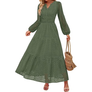 image:imageZESICA Womens 2026 Fall Long Sleeve Eyelet Maxi DressOlive