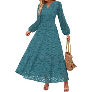 image:imageZESICA Womens 2026 Fall Long Sleeve Eyelet Maxi DressTeal