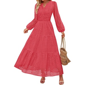 image:imageZESICA Womens 2026 Fall Long Sleeve Eyelet Maxi DressWatermelon