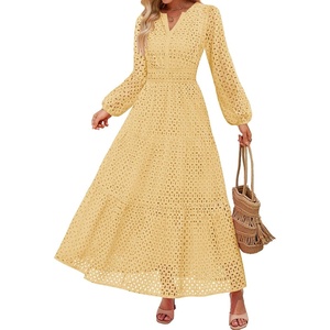image:imageZESICA Womens 2026 Fall Long Sleeve Eyelet Maxi DressYellow