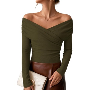 image:imageZESICA Womens 2026 Fall Long Sleeve Wrap Off Shoulder Y2K Going Out TopsArmygreen