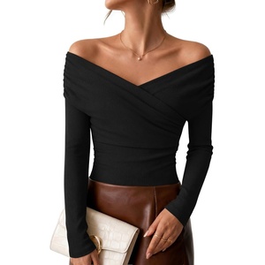 image:imageZESICA Womens 2026 Fall Long Sleeve Wrap Off Shoulder Y2K Going Out TopsBlack