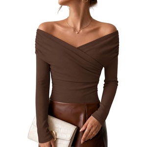 image:imageZESICA Womens 2026 Fall Long Sleeve Wrap Off Shoulder Y2K Going Out TopsBrown