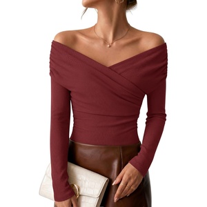 image:imageZESICA Womens 2026 Fall Long Sleeve Wrap Off Shoulder Y2K Going Out TopsBurgundy