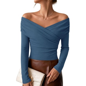 image:imageZESICA Womens 2026 Fall Long Sleeve Wrap Off Shoulder Y2K Going Out TopsDustyblue